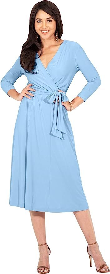 KOH KOH Womens V-Neck 3/4 Sleeve Semi Formal Wrap Flowy Knee Length Midi Dress | Amazon (US)