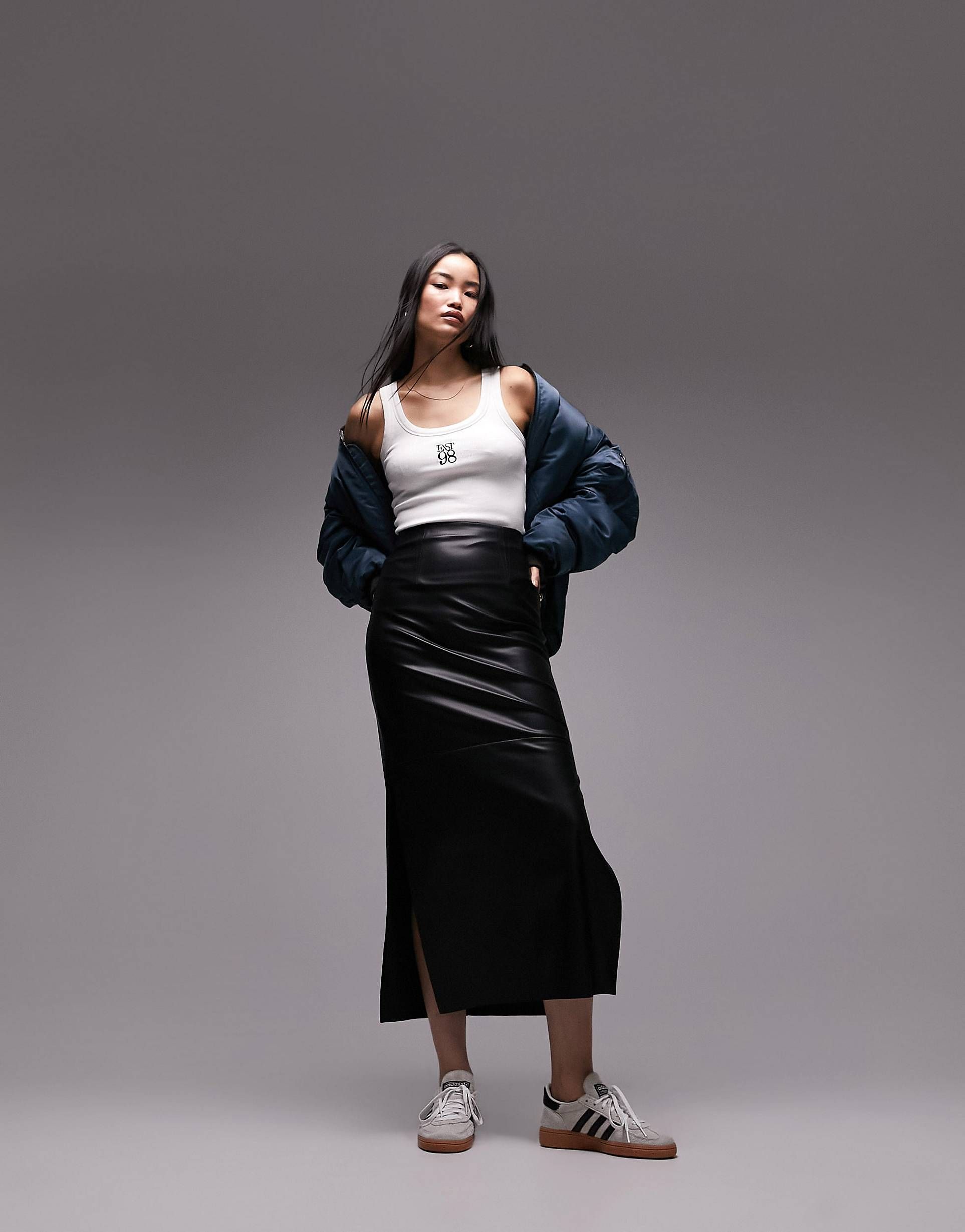 Topshop leather look clean bias maxi skirt in black | ASOS (Global)