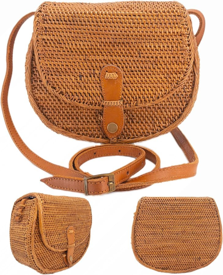 Women's Bali Rattan Messenger Bag 8" / Crossbody Bag - Cloth-Secure Quality - Adjustable Leather Strap - Bali Batik Lining | Amazon (US)