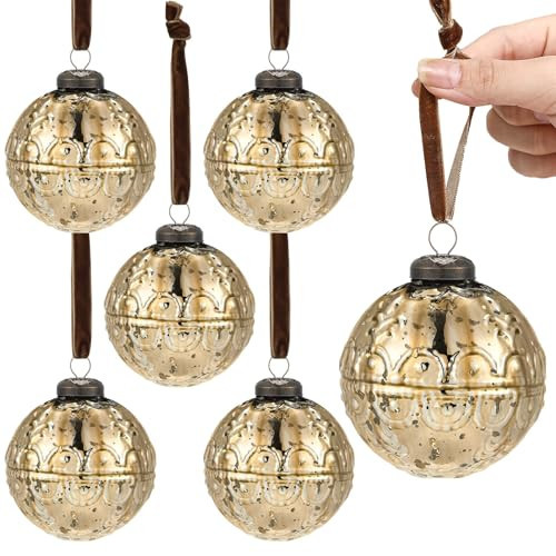 Threan 6 Pcs Large Vintage Mercury Glass Christmas Ornaments 3.15" Hanging Christmas Ball Ornaments Antique Embossed Ball Decorations for Xmas Tree Garland Wreath Holiday Decor(Gold,Etched) | Amazon (US)