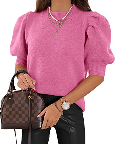Women's Puff Short Sleeve Sweater Tops 2025 Spring Summer Trendy Crew Neck Casual T Shirts Blouses Bright Pink | Amazon (US)