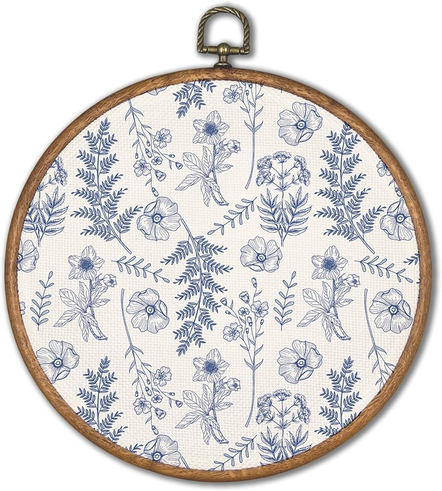 KSDUT Blue Flowers Wall Art Decor - Boho Chinoiserie Flower Textile Wall Art Canvas Frame Hanging... | Amazon (US)