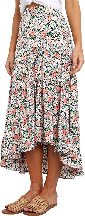 SimpleFun Women's Long Skirts Boho Floral Elastic High Waist Asymmetrical Hem Midi Skirt | Amazon (US)