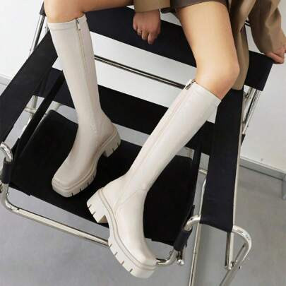 Women's Chunky Heel Over The Knee Boots, Sexy High Boots With Side Zipper For Autumn And Winter, Sexy Classic Knee High Boots In Black | SHEIN