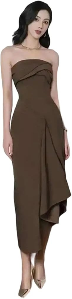 Women's Spring Elegant Strapless Irregular Slim Fit Pleated Solid Color Evening Dress | Amazon (US)