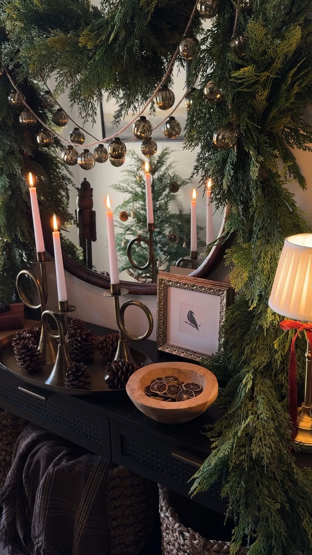 Christmas garland, Holiday, entryway, inspiration, holiday decor, Christmas greenery, French horn taper candle holders