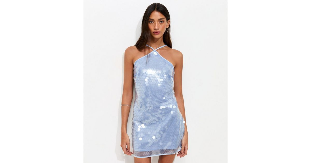 Blue Sequinned Halter Neck Mini Dress | New Look | New Look (UK)