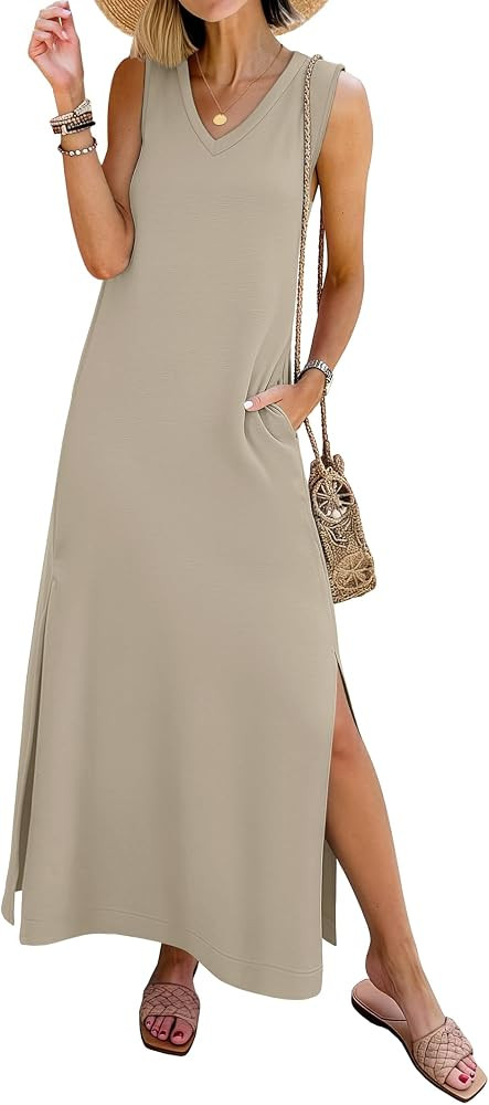 ANRABESS Womens Summer Casual V Neck Sleeveless Tank Maxi Dress Split Wrinkle-Free Beach Vacation... | Amazon (US)