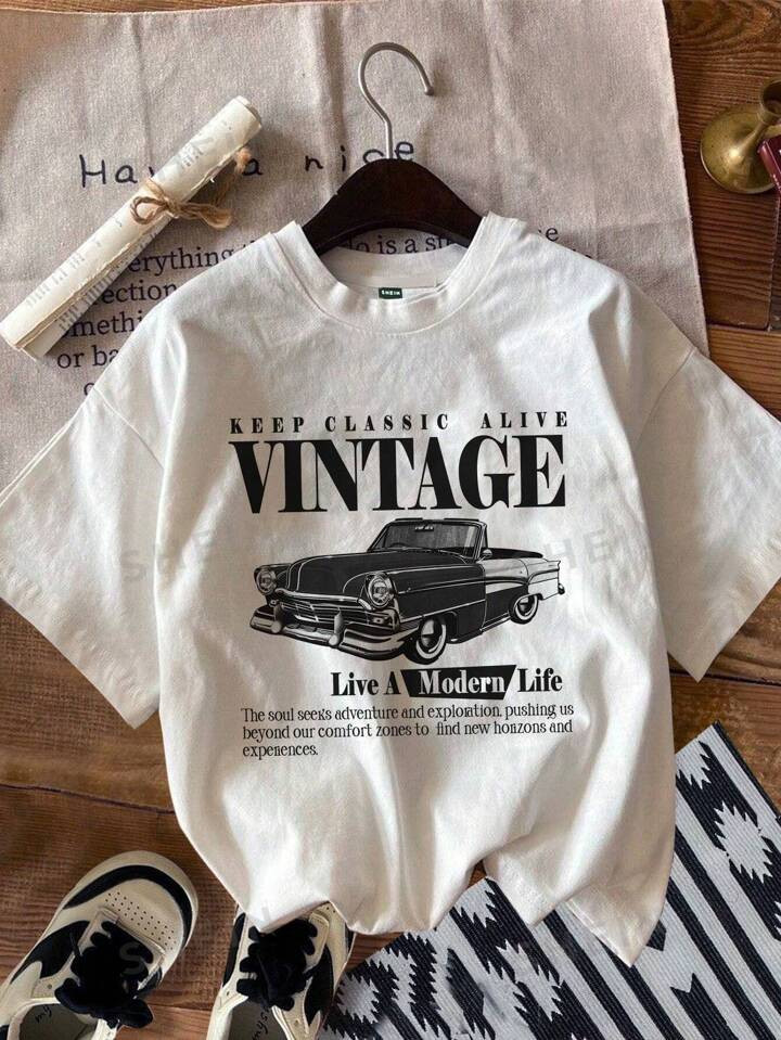 SHEIN Attitoon Casual Retro Car Printed White Round Neck Slim Fit Women's T-Shirt, Summer KEEP CL... | SHEIN
