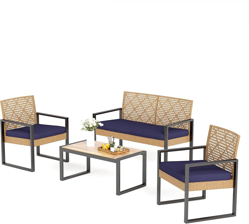 MFSTUDIO Rattan Outdoor Couch Set, Wicker Patio Loveseat Sofa Set with Wood Table, Corner Outdoor... | Amazon (US)