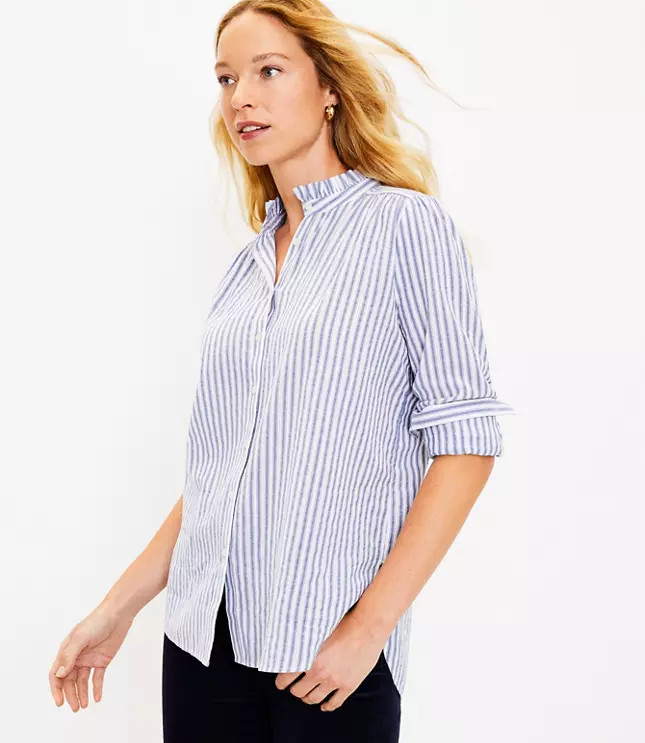 Striped Ruffle Collar Tunic Shirt | LOFT