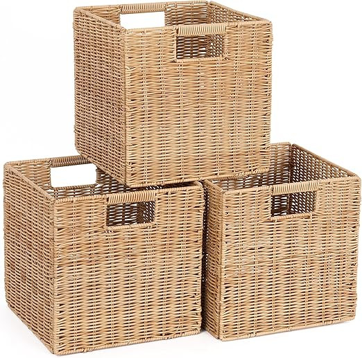 10.5 x 10.5 in Plastic Wicker Baskets for Cube Storage, Collapsible Square Wicker Storage Basket ... | Amazon (US)