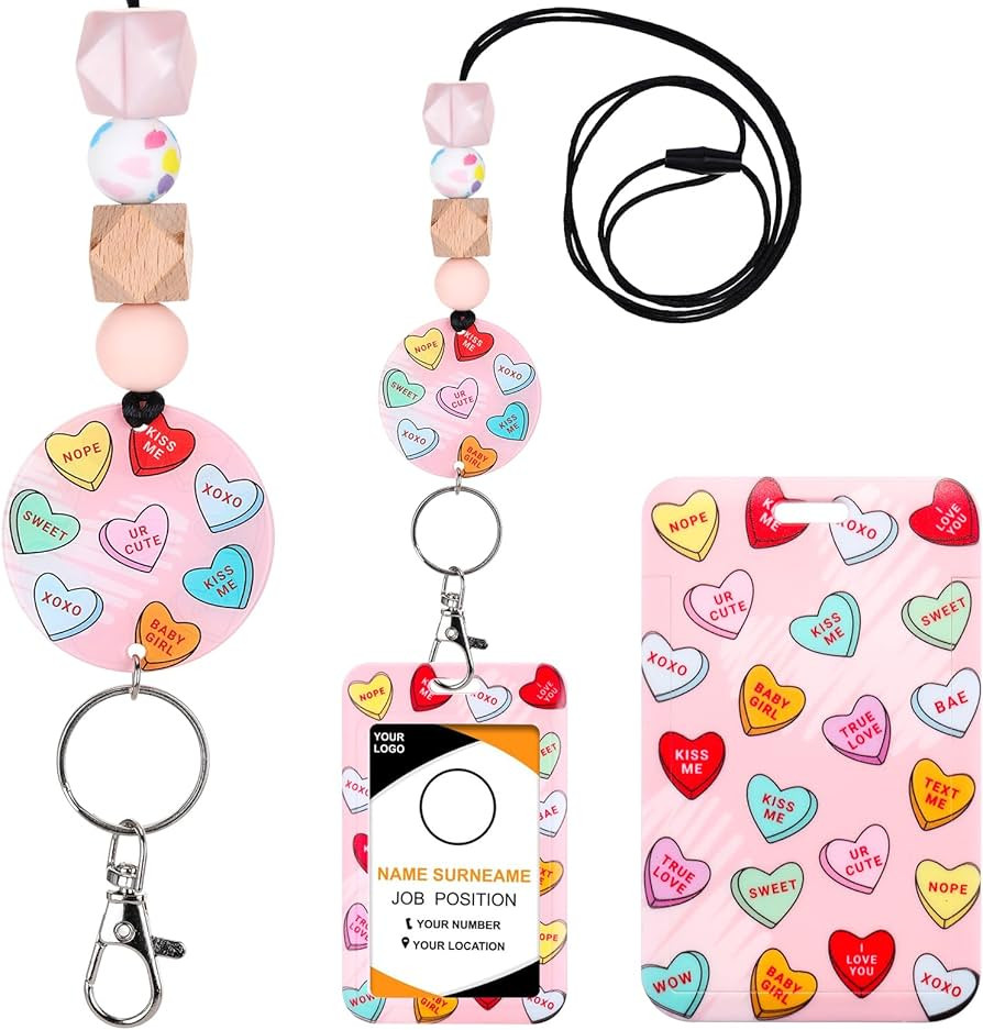 Valentine Lanyards for ID Badges - Cute Hearts Lanyard with ID Holder, Silicone Beaded Accessorie... | Amazon (US)