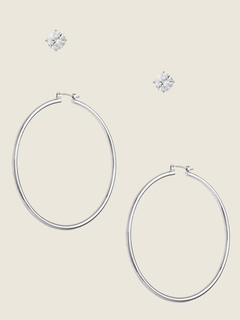 Silver-Tone Cubic Zirconia Hoop Earrings Set | Guess (US)