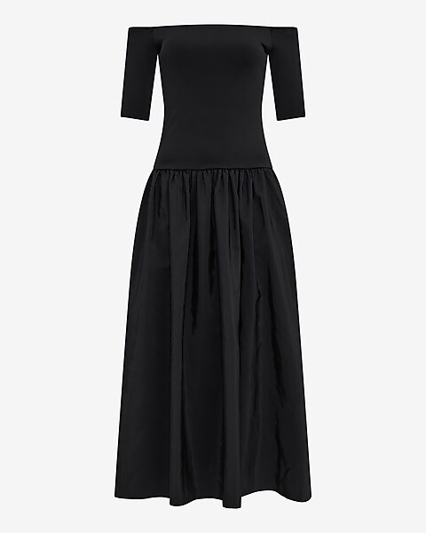 Off The Shoulder Mixed Media Drop Waist Maxi Dress with Pockets | Express