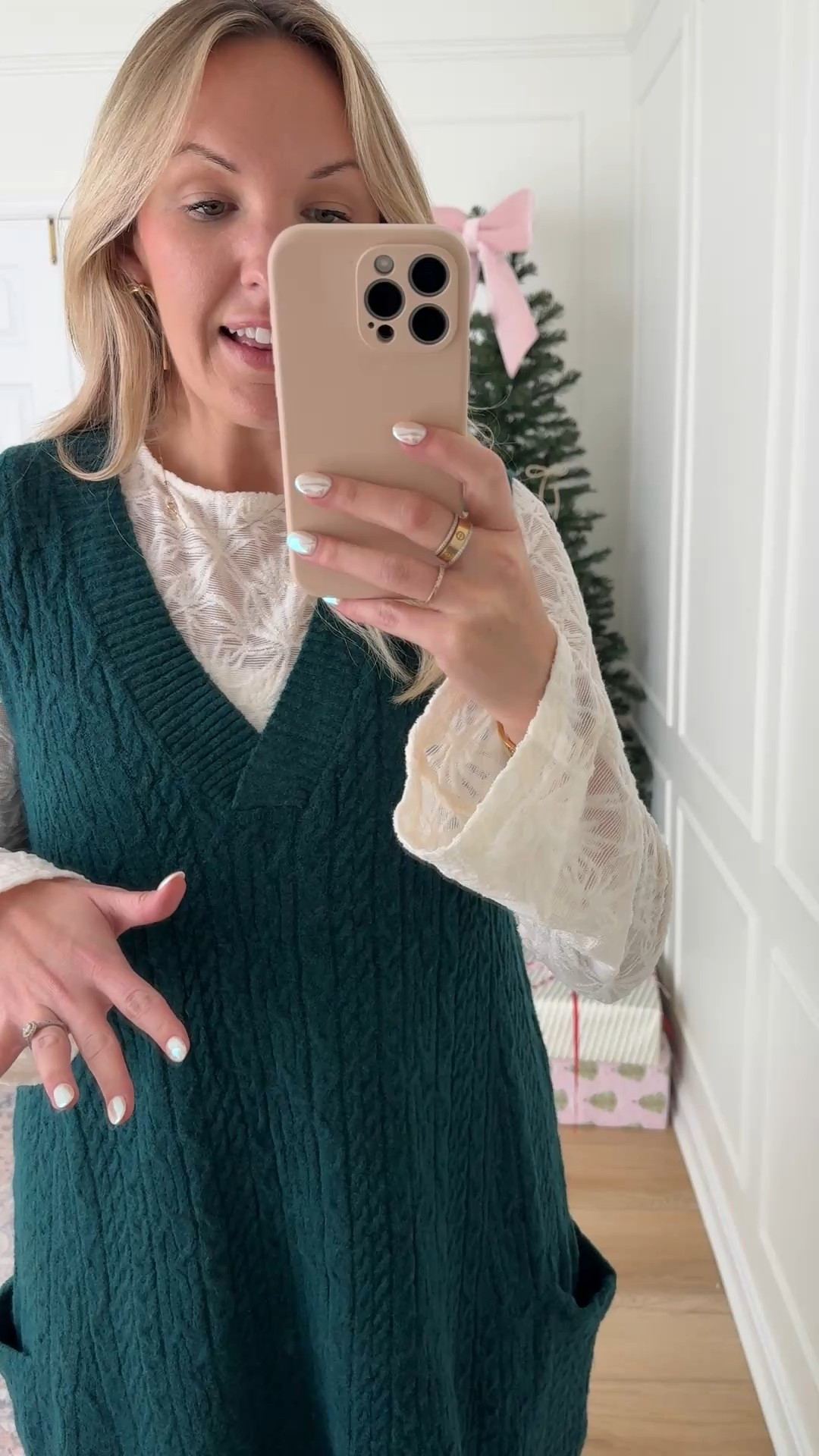 Cable knit sweater paired with this lace shirt! Lace shirt is not itchy at all! Wearing a med in both! 

#LTKHoliday #LTKMidsize #LTKSeasonal