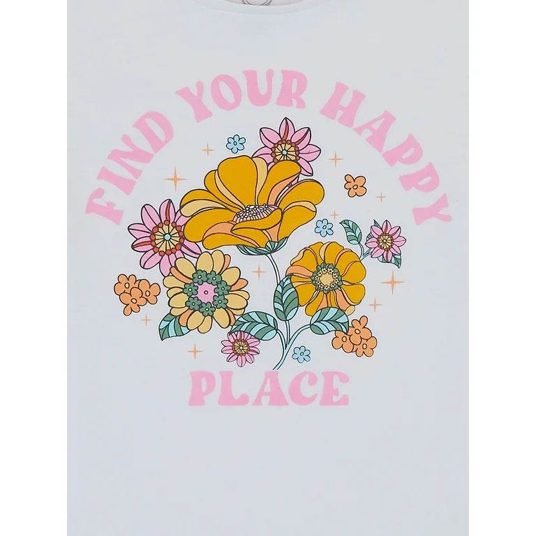 Wonder Nation Girls Happy Place Short Sleeve Graphic T-Shirt, Sizes 4-18 - Walmart.com | Walmart (US)