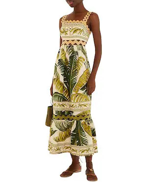 Farm Rio Trancoso Sand Tropical Ric Rac Square Neck Sleeveless Maxi Dress | Dillard's | Dillard's