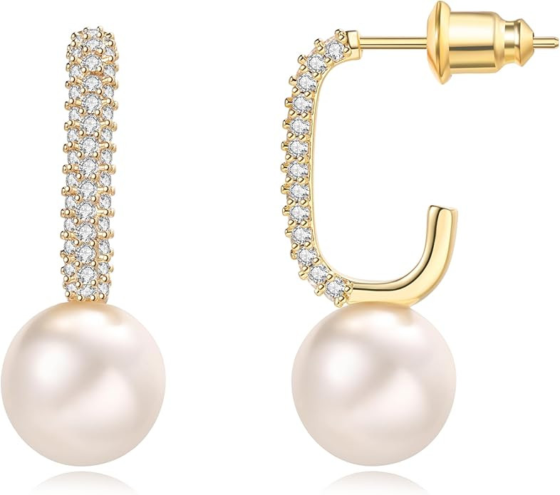 CZ Pearl Dangle Gold Plated Hoop Earrings for Women | 925 Sterling Silver Posts | | Amazon (US)