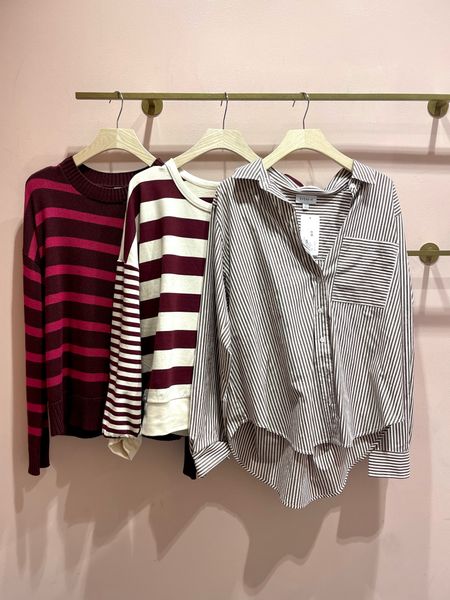 Stripes on stripes on stripes at Evereve. 

Button down, striped sweater, loungewear, Fall outfit, sweatshirt  

#LTKfindsunder100 #LTKover40 #LTKstyletip