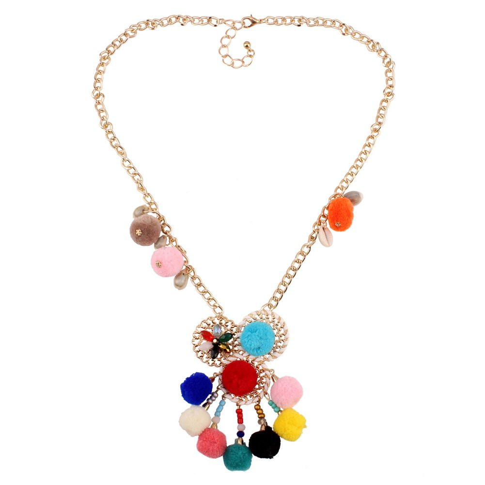 Chunky Pom Pom Shell Pendant Women Long Gold Chain Handmade Statement Necklace | Amazon (US)