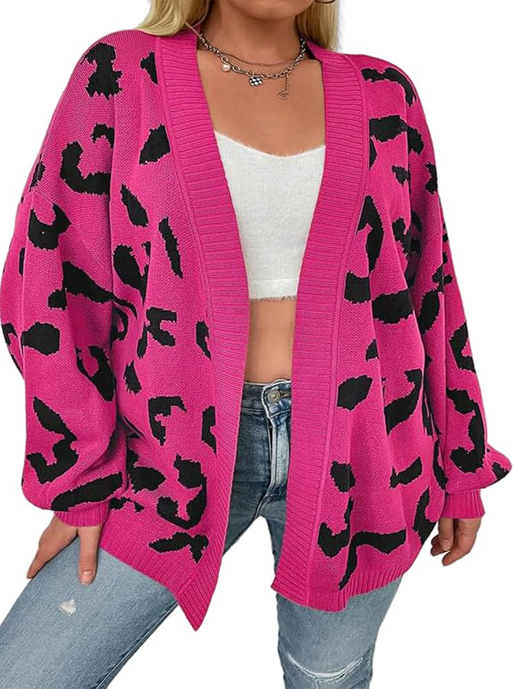 Cardigan Sweaters for Women Loose V Neck Leopard Print Open Front Knitted Sweater Warm Drop Shoul... | Amazon (US)