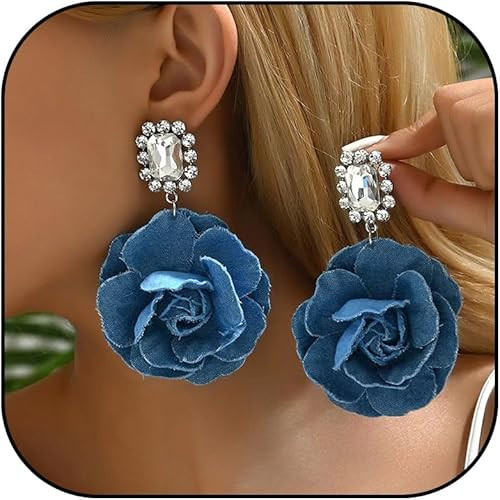 Denim Flower Earrings for Women Dangling Boho Denim Camellia Flower Dangle Hook Long Earrings for... | Amazon (US)