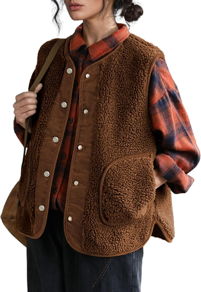 QIBABU Womens Fuzzy Fleece Vest Casual Button Down Sherpa Vest Warm Sleeveless Jackets with Pocke... | Amazon (US)