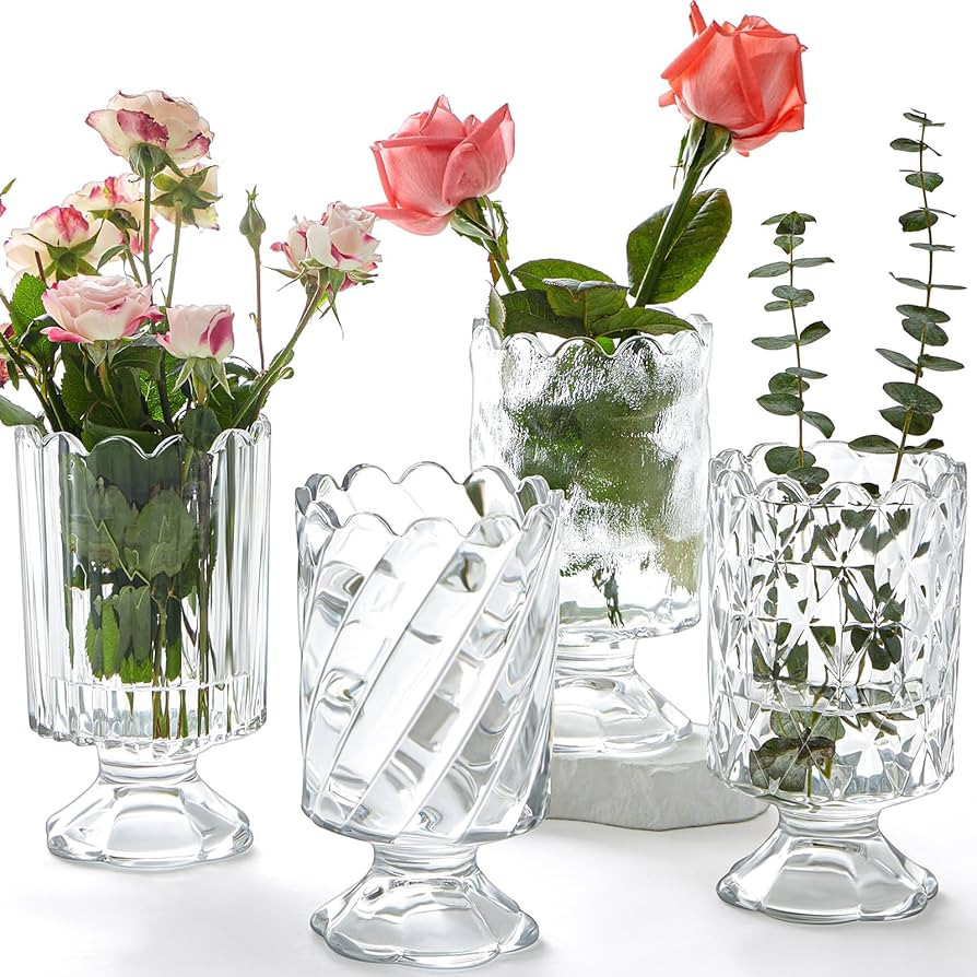 4 Pcs Flower Vase for Centerpieces (H: 7" W: 4") Pedestal Vintage Embossed Big Base Vase Crystal ... | Amazon (US)