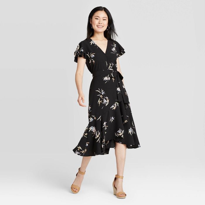 Women's Floral Print Ruffle Short Sleeve Wrap Dress - A New Day™ Black | Target
