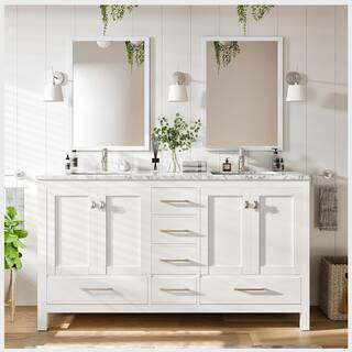 London 60 in. W x 18 in. D x 34 in. H Double Bathroom Vanity in White with White Carrara Marble T... | The Home Depot