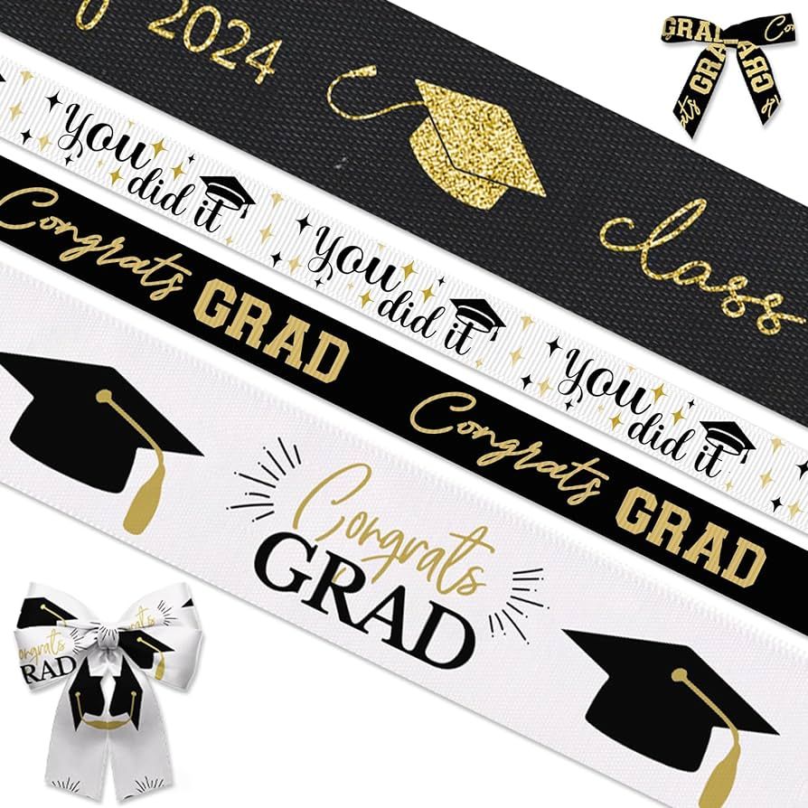 4 Rolls 20 Yards Graduation Ribbons, 3/8" Graduation Hat Star Grosgrain Ribbons Black Congrats Gr... | Amazon (US)