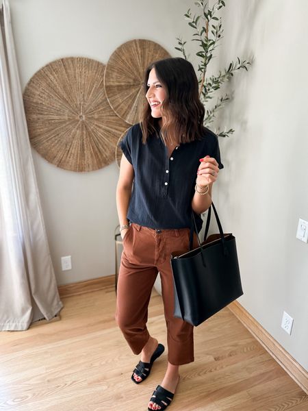 Another fabulous outfit from @onequince that would be perfect for a business casual environment. The gauze top is so comfortable and would be functional for nursing moms. #quincepartner 

Top - sized down to a xs
Pants - size 2 (run a little big) 


#LTKfindsunder50 #LTKstyletip #LTKfindsunder100