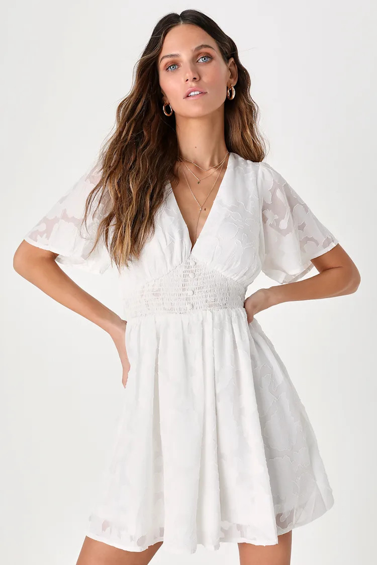 Warm Day Dreams White Floral Jacquard Skater Mini Dress | Lulus (US)