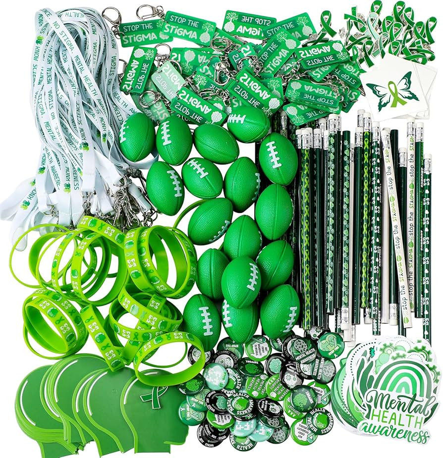 Hollowfly 400 Pcs Mental Health Awareness Items Bulk Green Ribbon Button Pins Stress Football Key... | Amazon (US)