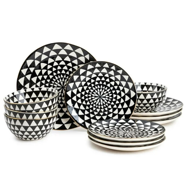 Thyme & Table 12-Piece Dinnerware Stoneware Set, Black & White Medallion Collection | Walmart (US)