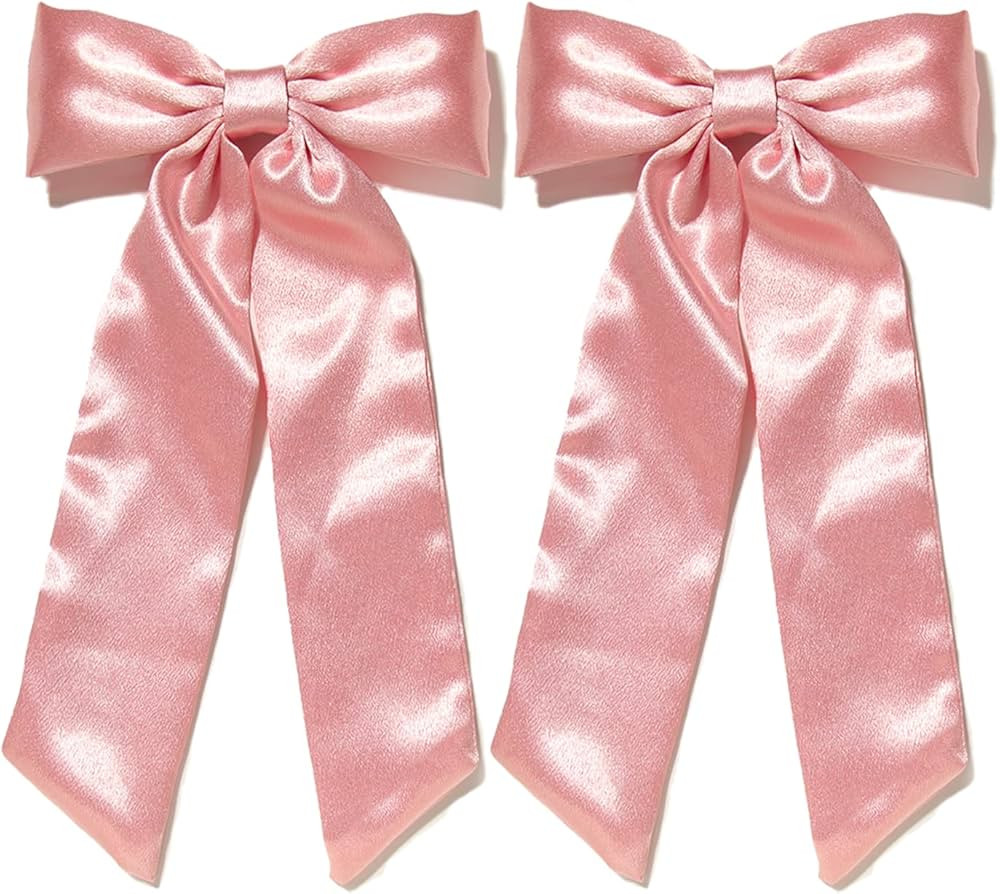 Furling Pompoms Pink Hair Bow Clips with Long Tail 2pcs Hair Ribbon Bows for Women Satin Bow Hair... | Amazon (US)