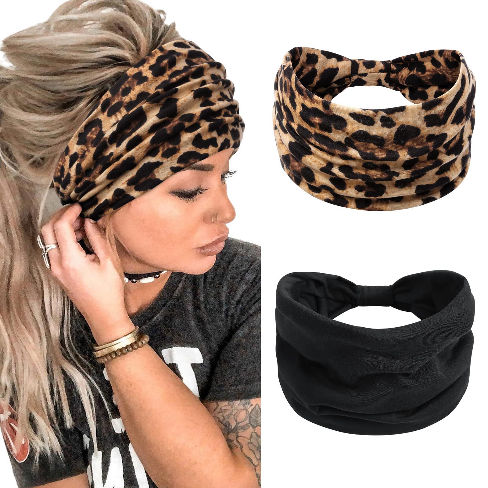 Headbands for Women Wide Head Bands Non Slip Boho Women’s Hair Band Fashion Knotted Workout Yoga Leopard Turban Head Wraps African Hair Accessories | Amazon (US)