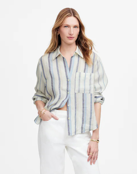 Linen Easy Y-Neck Button-Up Shirt in Mixed Stripe | Madewell | Madewell