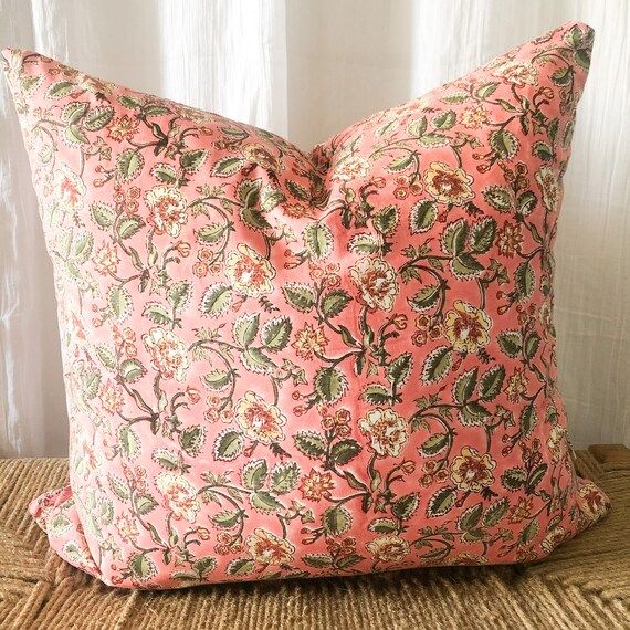 Pink Floral Block print pillow 20" | Etsy (US)