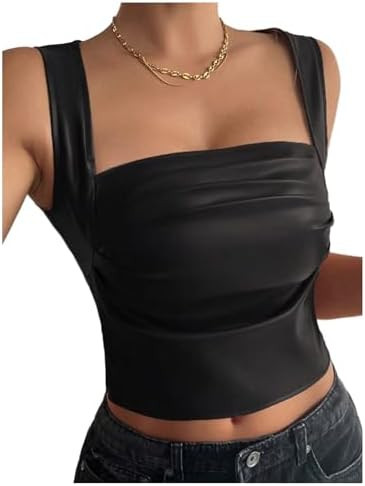 SOLY HUX Women's PU Leather Square Neck Tank Tops Sleeveless Slim Fitted Party Club Crop Top | Amazon (US)