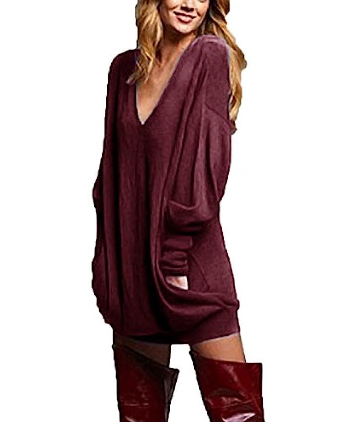 ZANZEA Women's V-Neck Long Sleeve Loose Blouse Jumper Tops Mini Dress Pullover | Amazon (US)