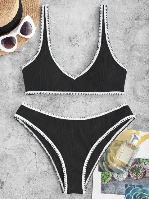 ZAFUL Ribbed Contrast Whip Stitching Tank Bikini Swimwear - Black M | ZAFUL (Global)