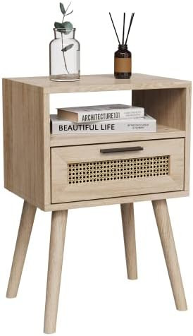 AmzYuga Rattan Nightstand, Boho Nightstand with Drawer, End Table with Open Storage, Modern Side ... | Amazon (US)