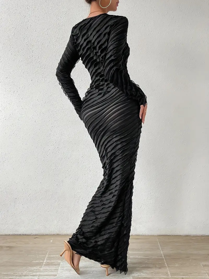 Ruched Solid Color Bodycon Dress, Elegant Crew Neck Long Sleeve Skinny Maxi Dress For Spring & Fa... | Temu Affiliate Program