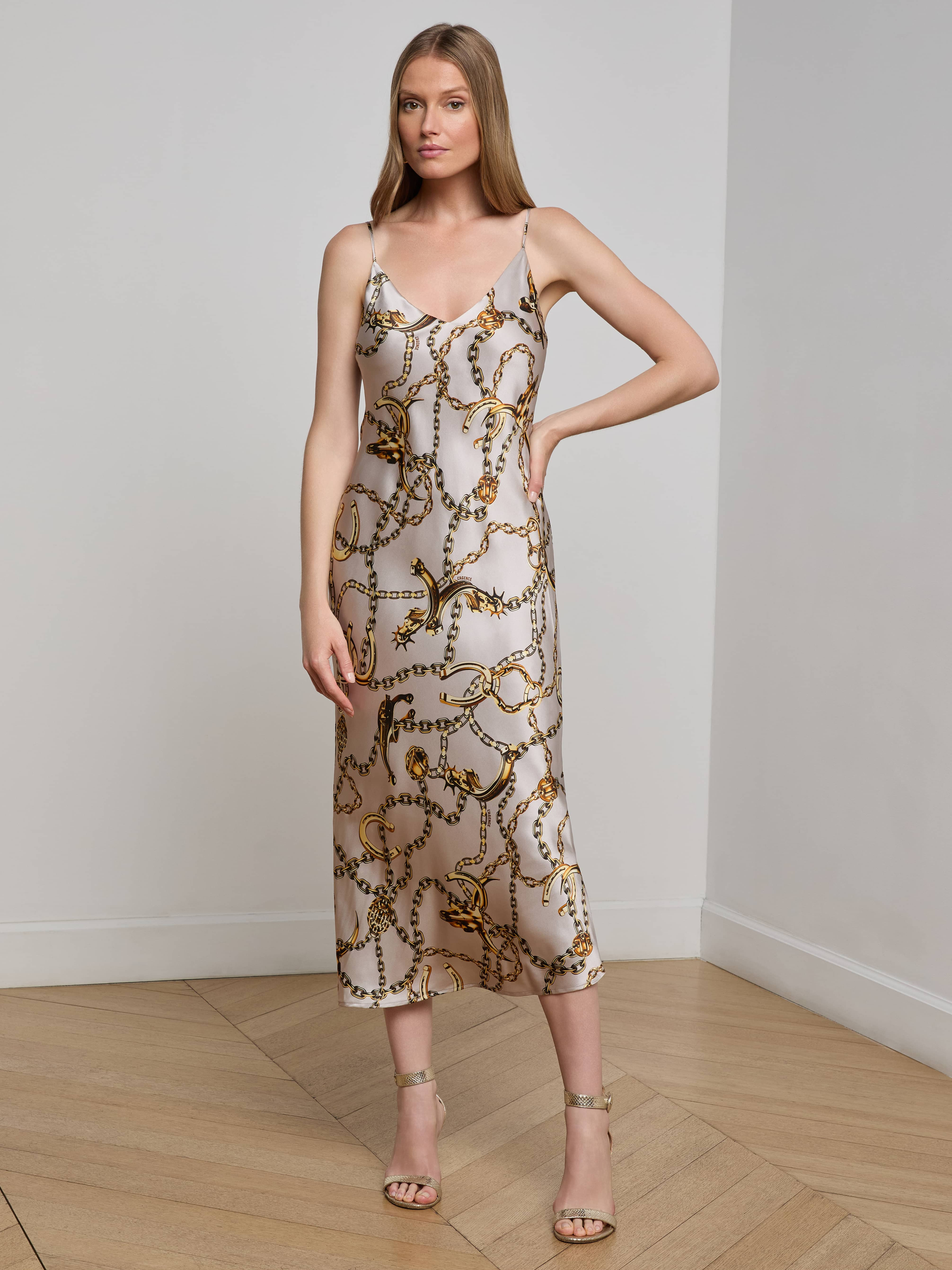 Seridie Silk Slip Dress in Smoke Grey/Gold Long Horn Chain | L'AGENCE | L'Agence