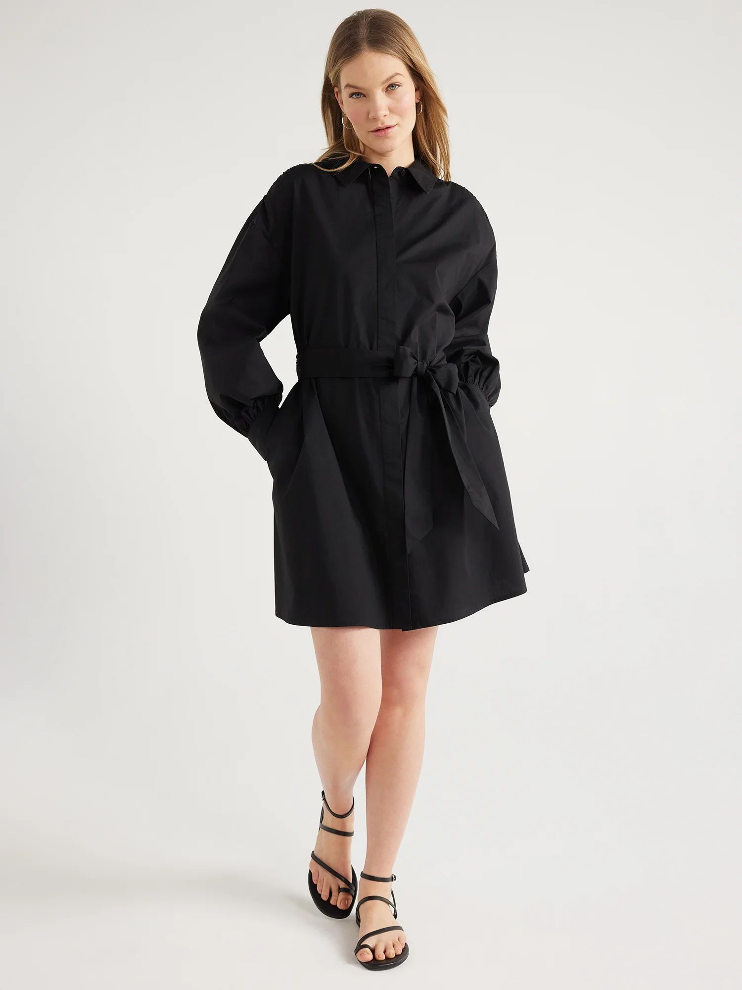 Scoop Women's Balloon Sleeve Poplin Shirtdress with Pockets, Sizes XS-XXL | Walmart (US)