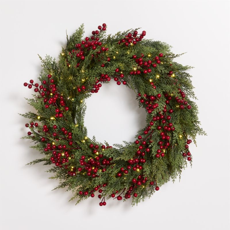 Faux Pre-Lit Hemlock & Berry Wreath 28" + Reviews | Crate & Barrel | Crate & Barrel