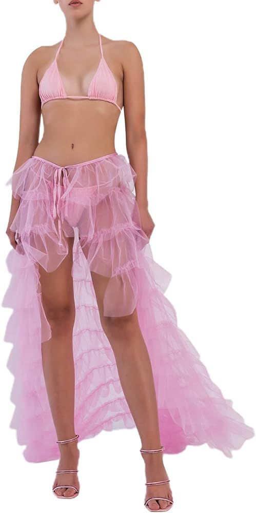 Rteyno Women Tulle Tutu Long Skirts Wedding Party Cocktail Prom Bandage Mesh Maxi Dress Overskirt Ov | Amazon (US)