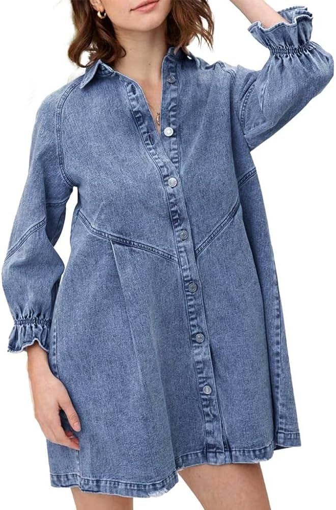 KateModa Women's Denim Shirt Dress 3/4 Long Sleeve Button Down Babydoll Jean Shirt Dresses | Amazon (US)